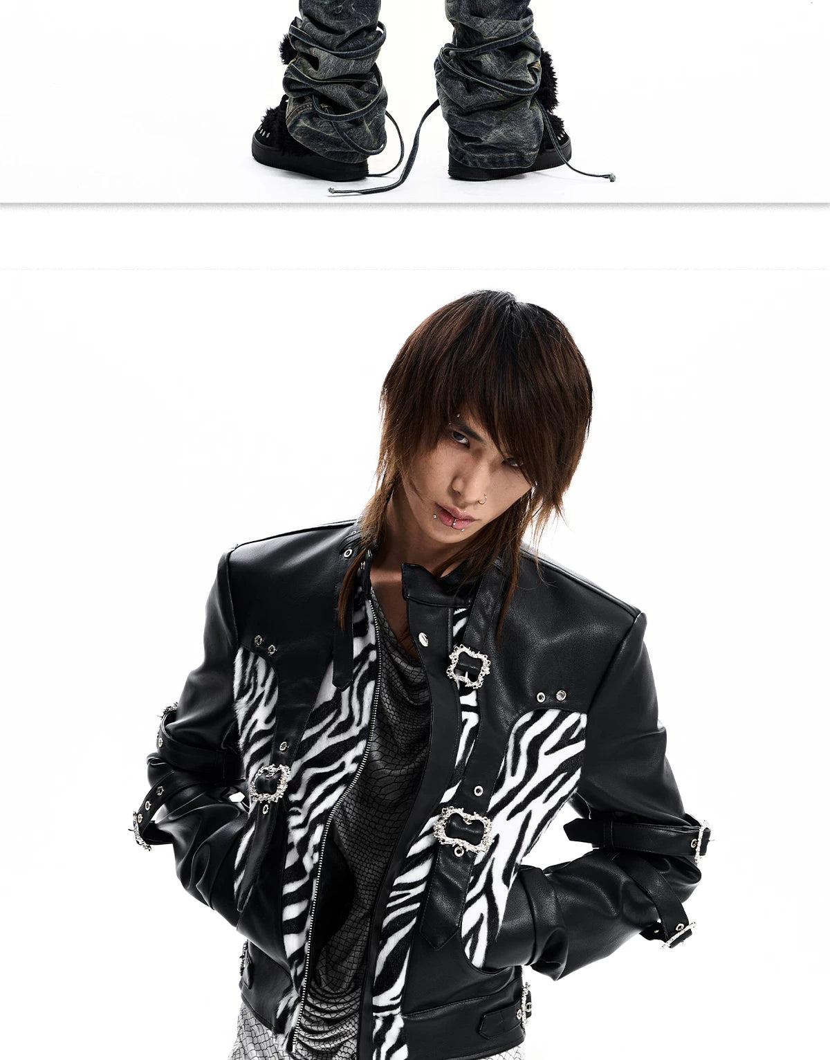 Zebra Faux Fur Panel Buckle Faux Leather Jacket - view 21