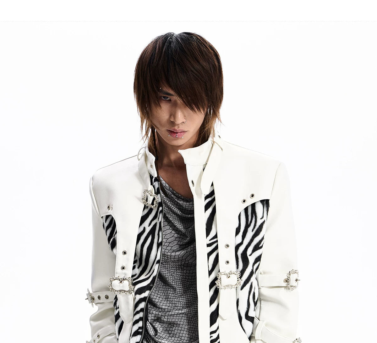 Zebra Faux Fur Panel Buckle Faux Leather Jacket - view 24