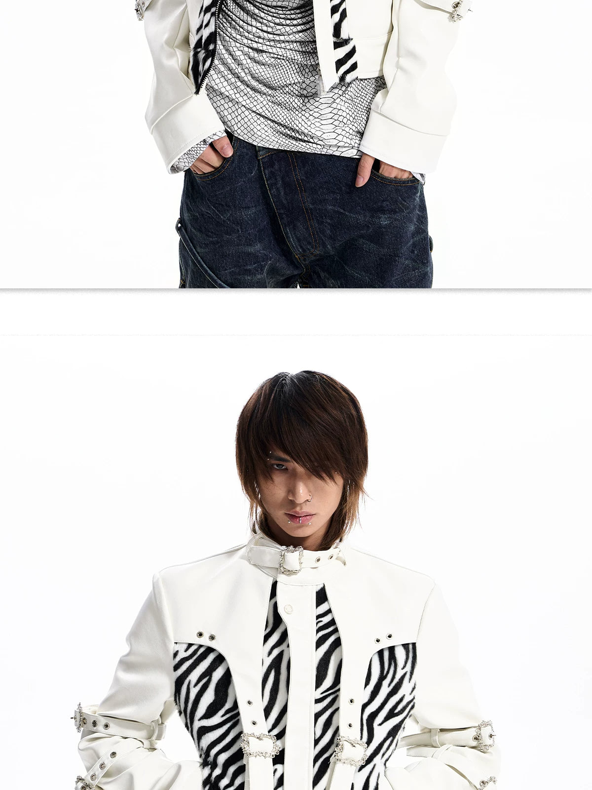 Zebra Faux Fur Panel Buckle Faux Leather Jacket - view 25