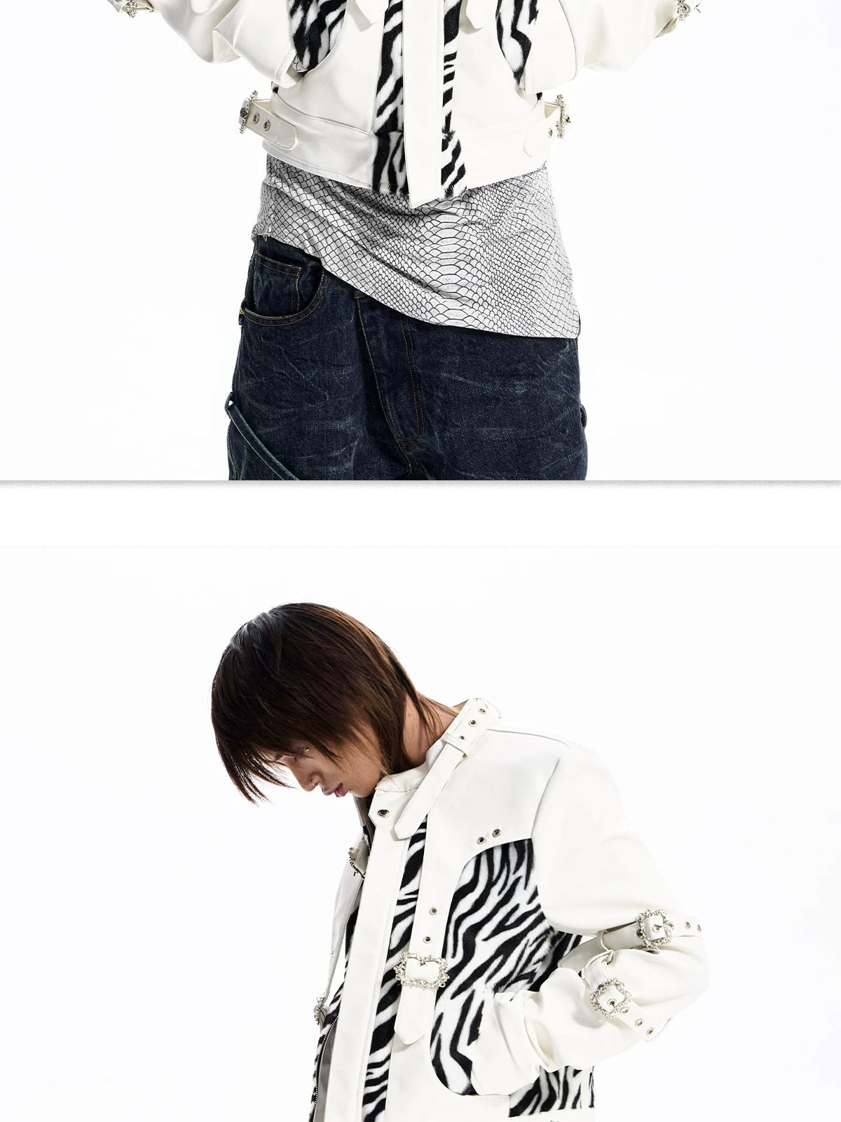 Zebra Faux Fur Panel Buckle Faux Leather Jacket - view 26