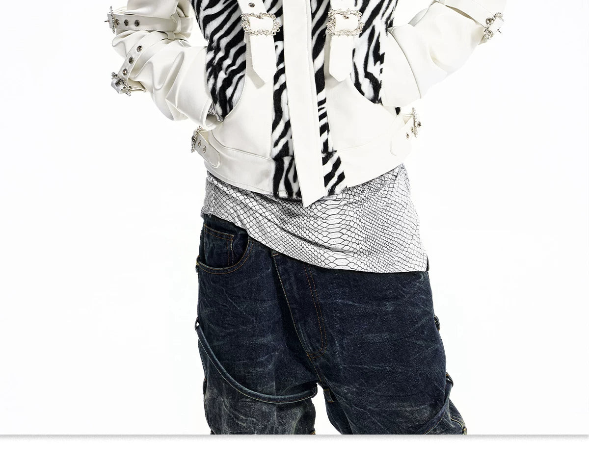 Zebra Faux Fur Panel Buckle Faux Leather Jacket - view 28