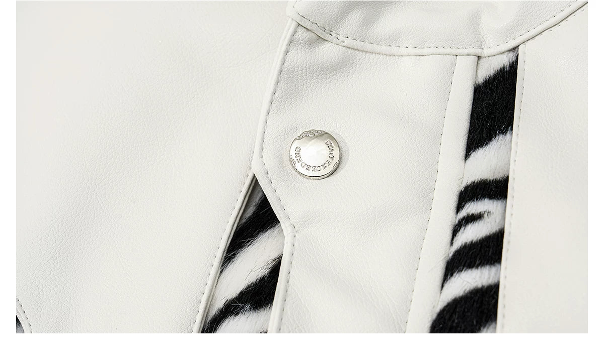 Zebra Faux Fur Panel Buckle Faux Leather Jacket - view 29
