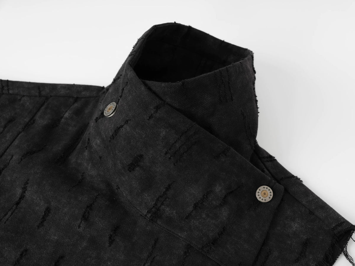 Distressed Glove Embrace Techwear Vest - Black snap collar close-up
