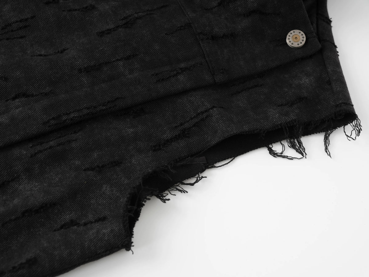 Distressed Glove Embrace Techwear Vest - Black frayed armhole close-up