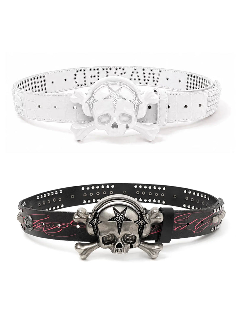 Wasted Skull Buckle Studded Leather Belt - black and white front