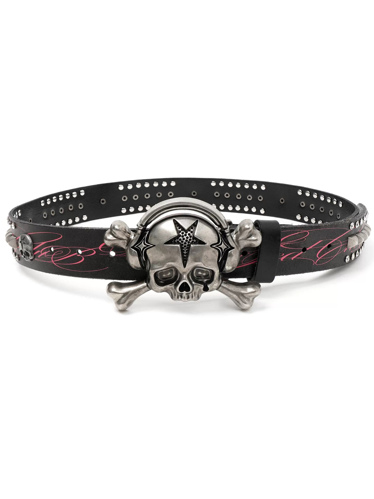 Wasted Skull Buckle Studded Leather Belt - black front