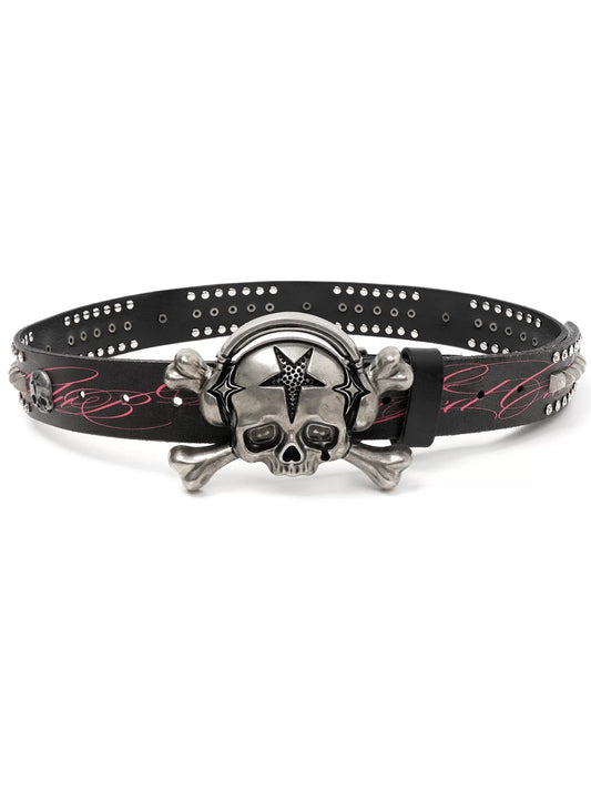 Wasted Skull Buckle Studded Leather Belt - black front