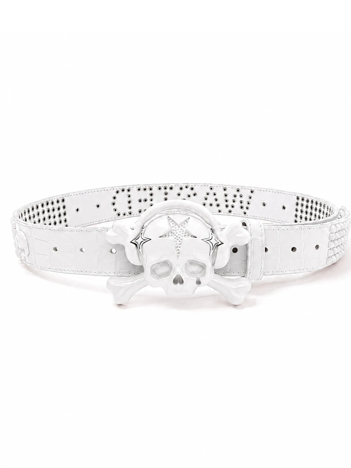 Wasted Skull Buckle Studded Leather Belt - white front
