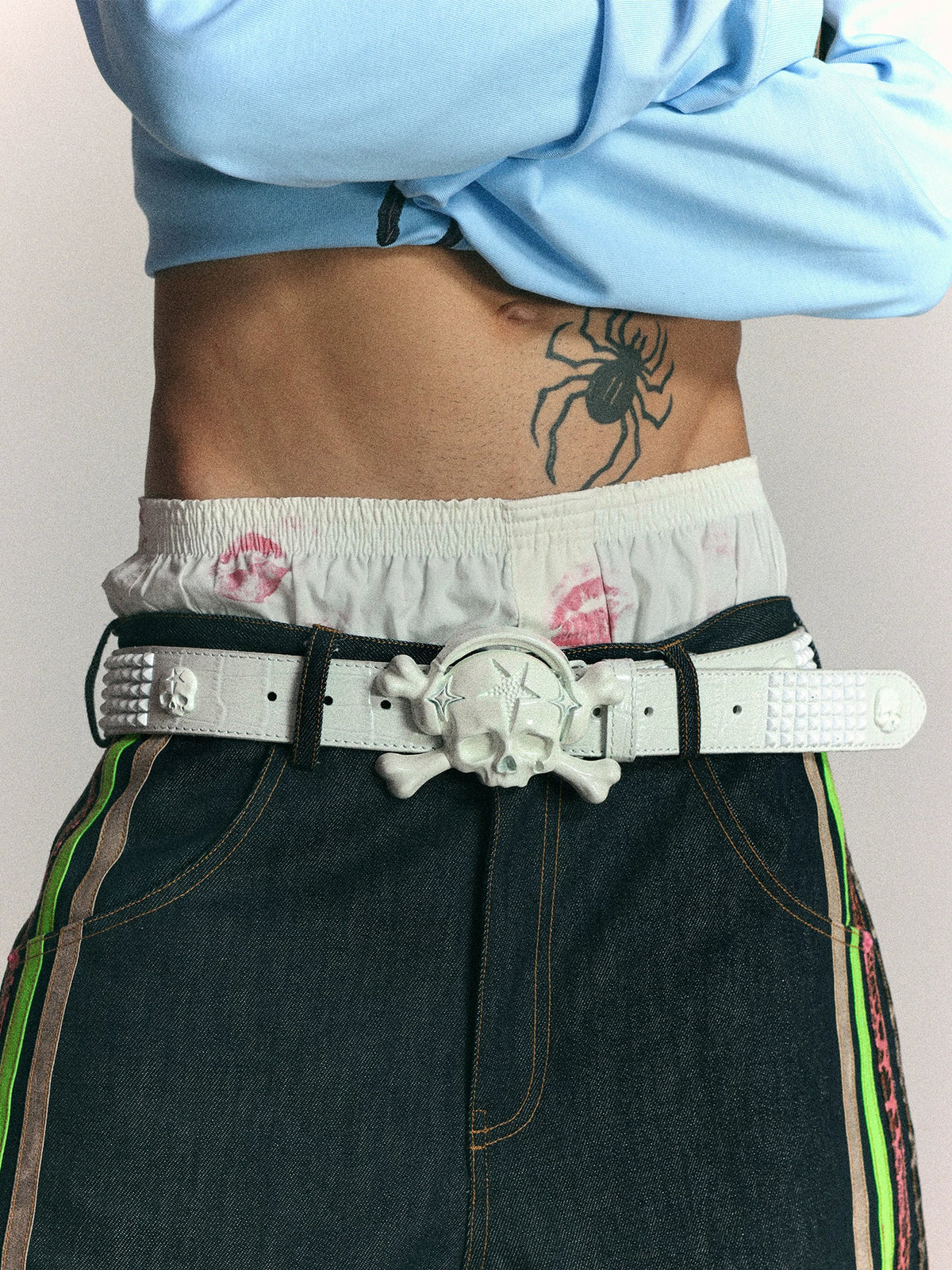 Wasted Skull Buckle Studded Leather Belt - white on model