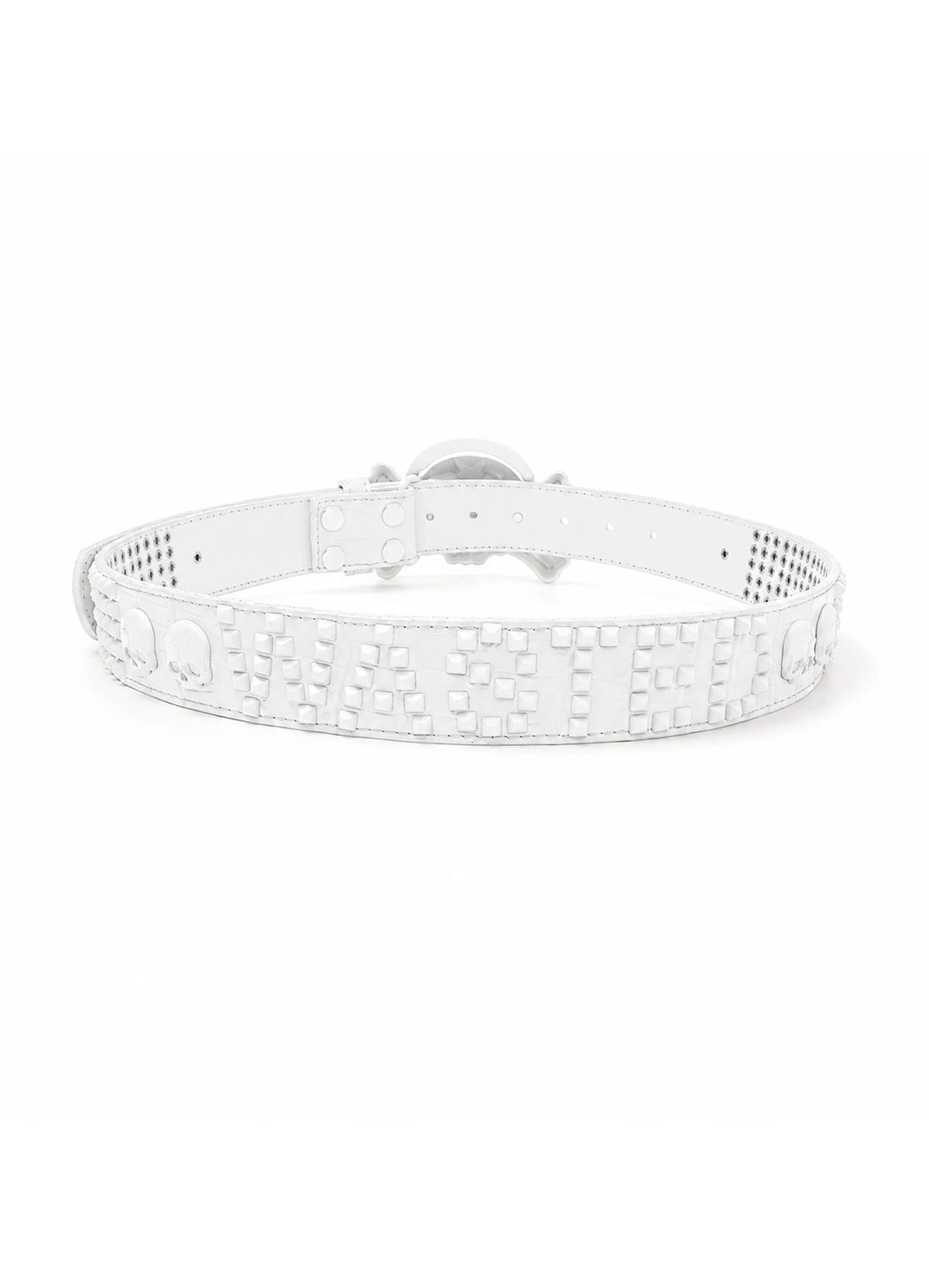 Wasted Skull Buckle Studded Leather Belt - white back