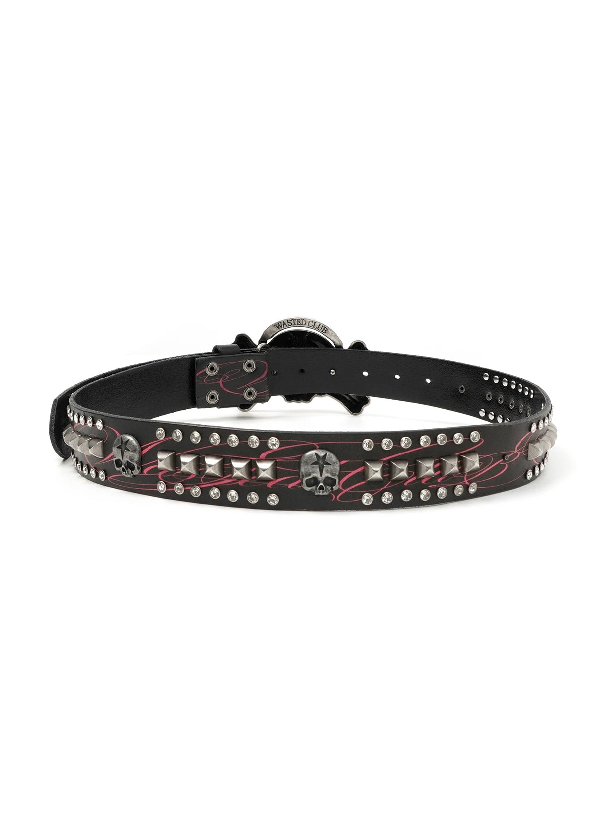 Wasted Skull Buckle Studded Leather Belt - black back