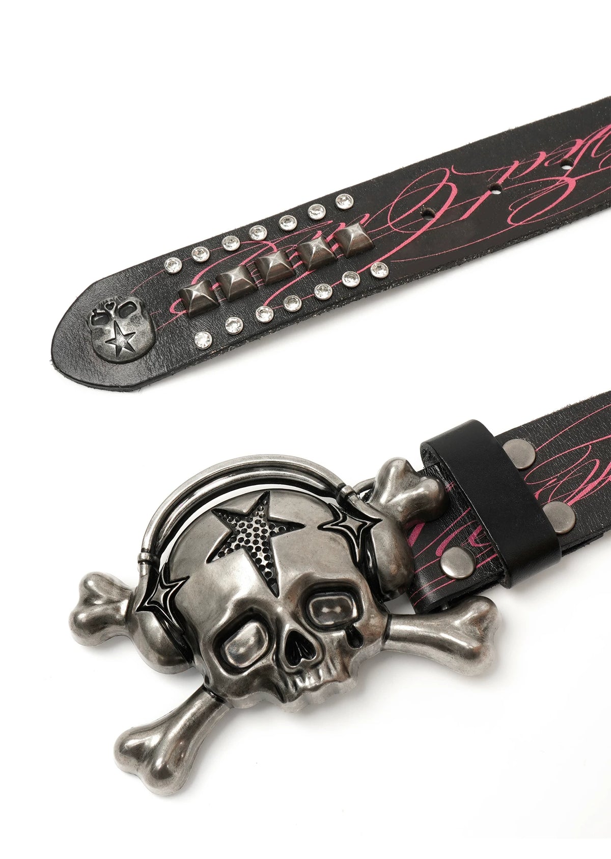 Wasted Skull Buckle Studded Leather Belt - black stud and buckle detail