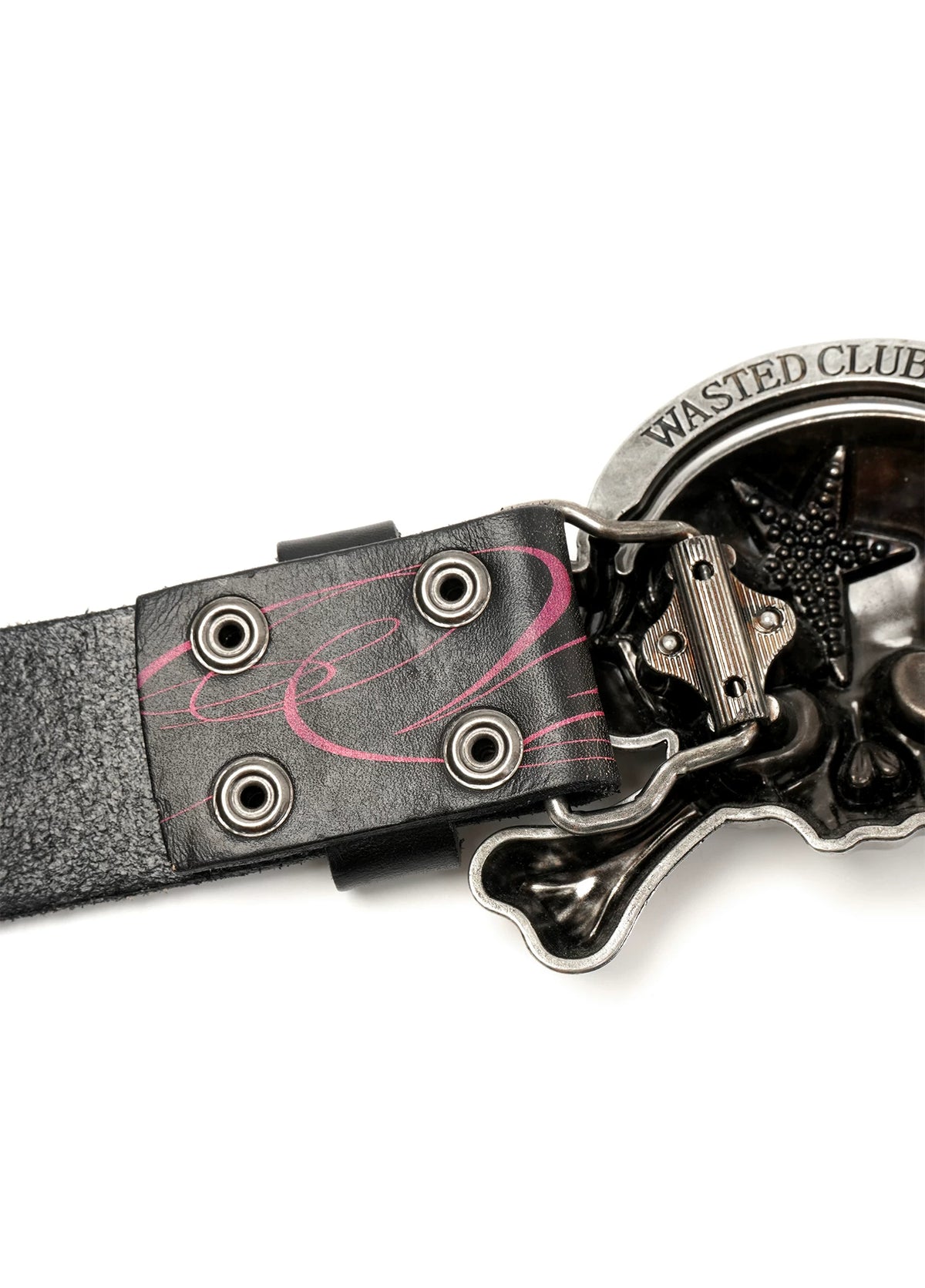 Wasted Skull Buckle Studded Leather Belt - black fastening detail