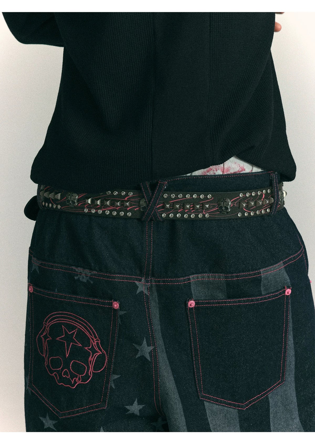Wasted Skull Buckle Studded Leather Belt - black outfit back