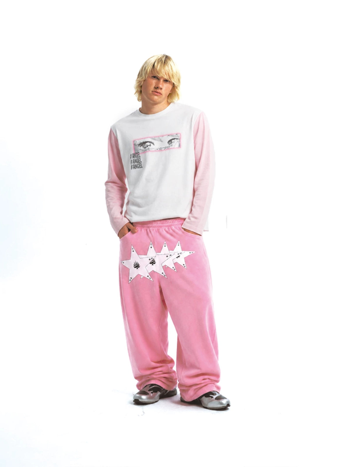 Digital Angel Eyes Two-Tone Long Sleeve T-Shirt - front, hands in pockets