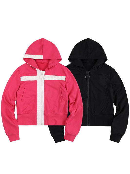 WHISTLEHUNTER Embossed Cross Chunky-Zip Hoodie - fuchsia and black front views