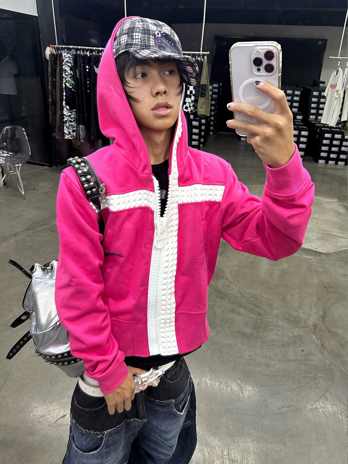 WHISTLEHUNTER Embossed Cross Chunky-Zip Hoodie - fuchsia worn by model