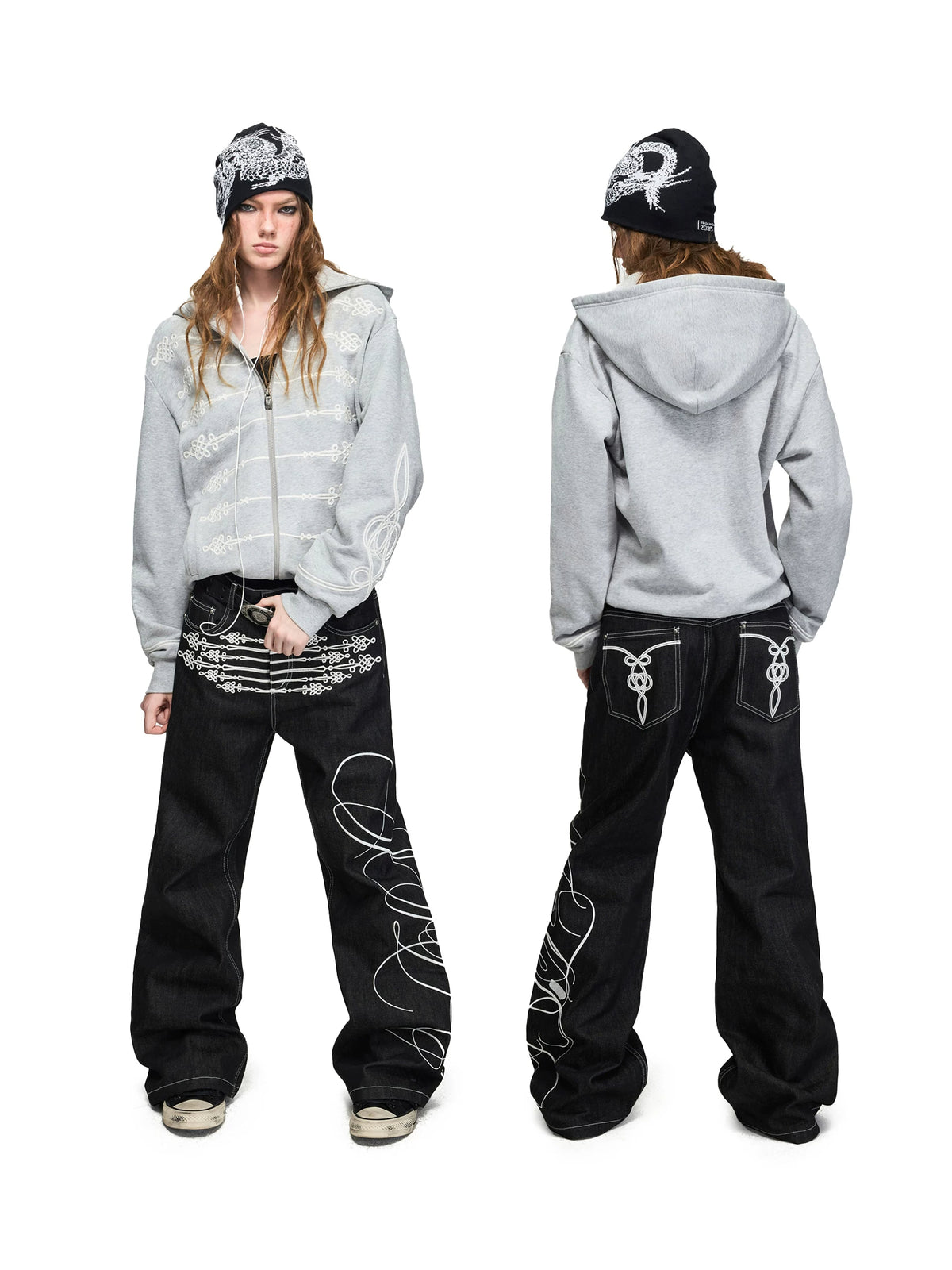 PEOPLESENSE Napoleon Rope Embroidered Flare Jeans - front and back