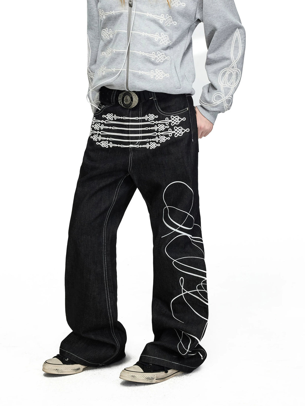 PEOPLESENSE Napoleon Rope Embroidered Flare Jeans - front close-up
