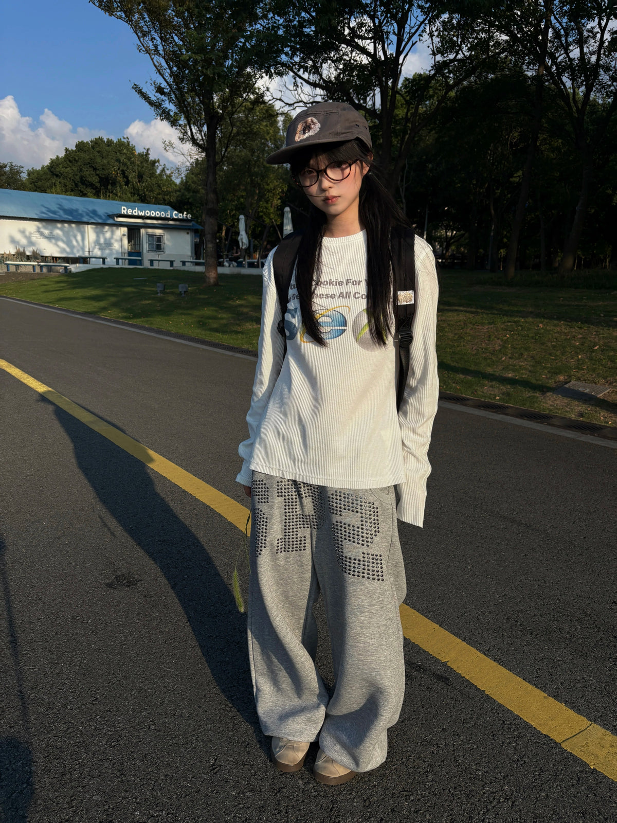 Retro Web Icon Print Waffle Knit Long Sleeve Tee - White street look