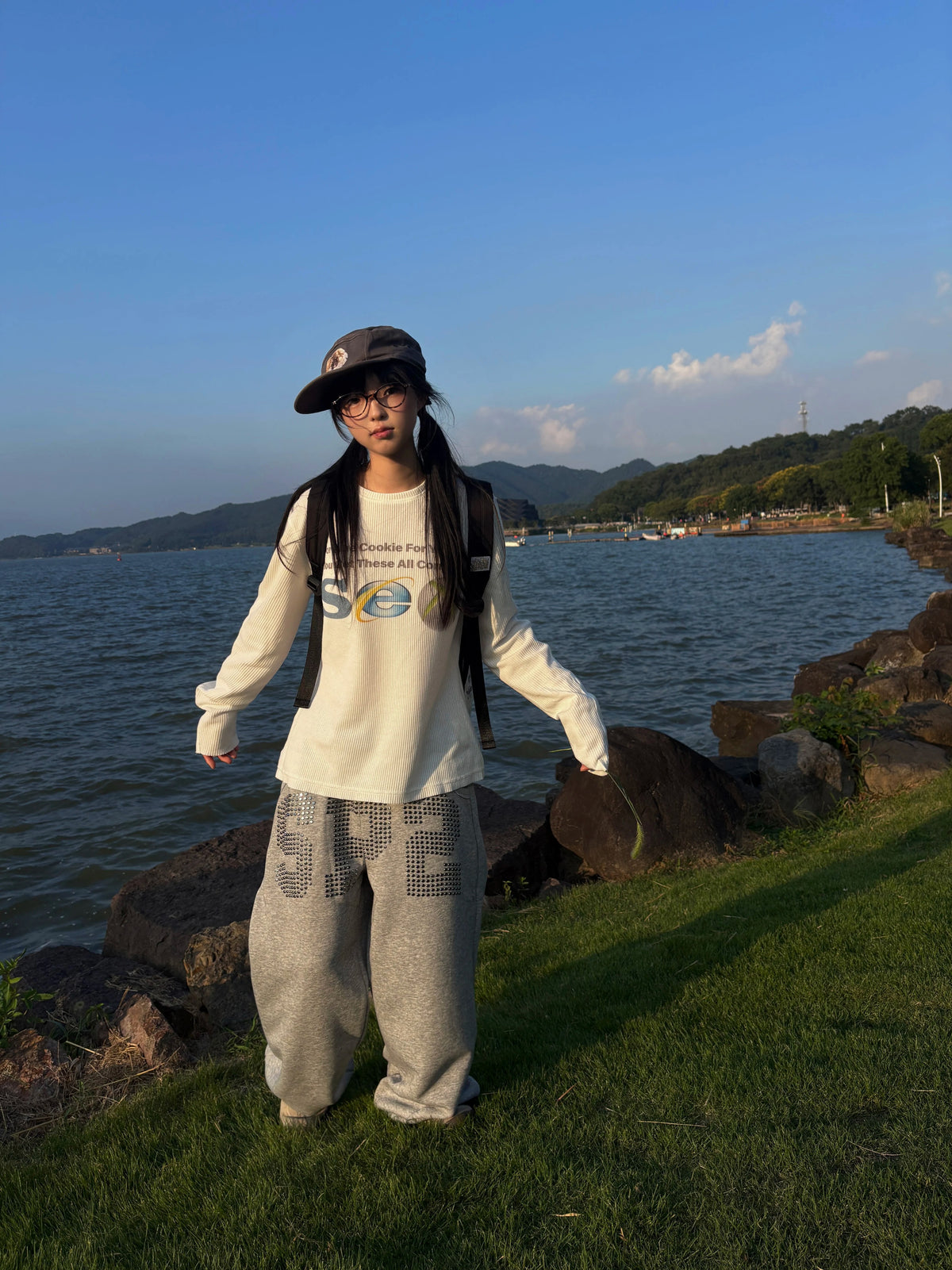 Retro Web Icon Print Waffle Knit Long Sleeve Tee - White lakeside look
