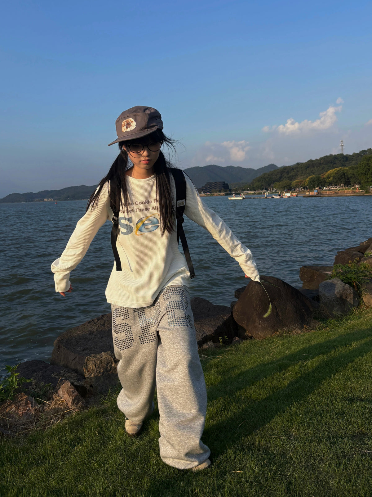 Retro Web Icon Print Waffle Knit Long Sleeve Tee - White lakeside full look