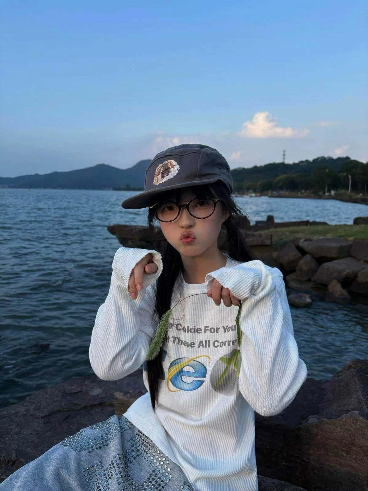 Retro Web Icon Print Waffle Knit Long Sleeve Tee - White close-up look