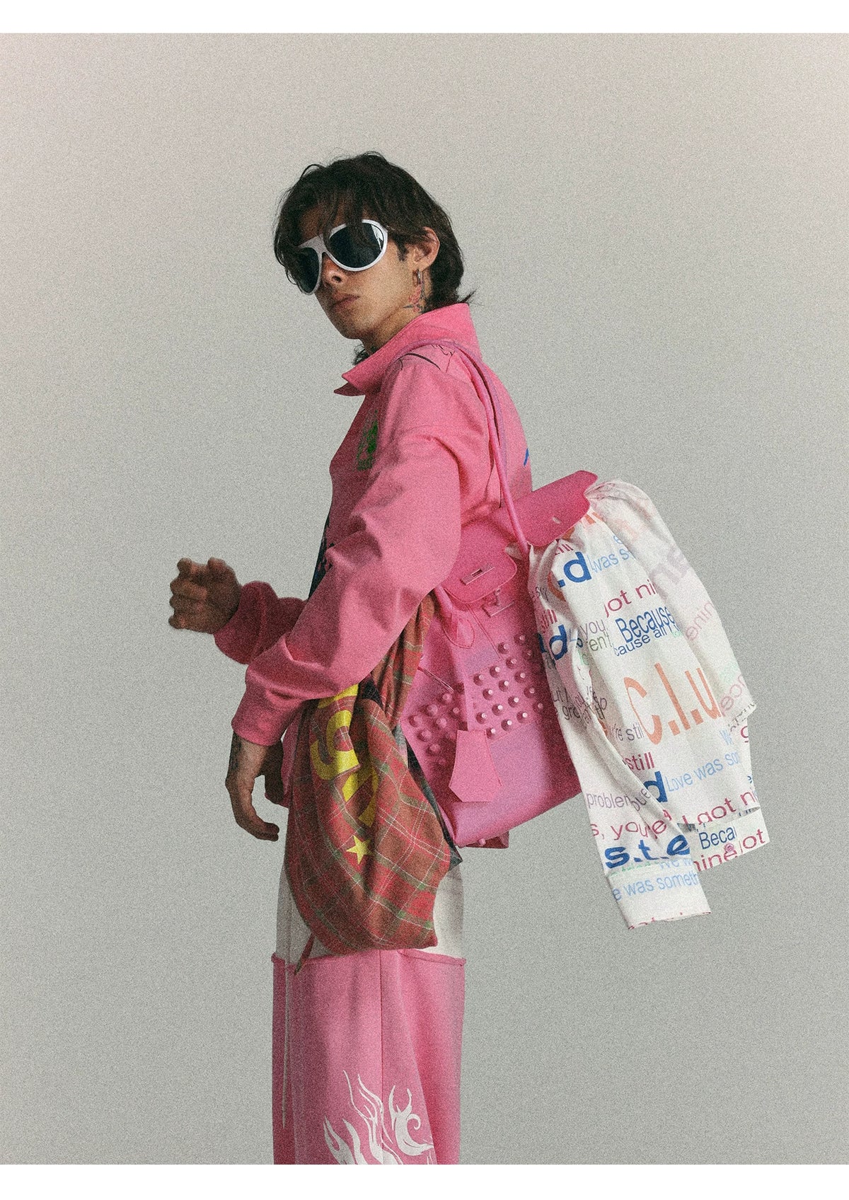 Wasted Pink Cross-Studded Frosted PVC Jelly Tote Bag - side carried view