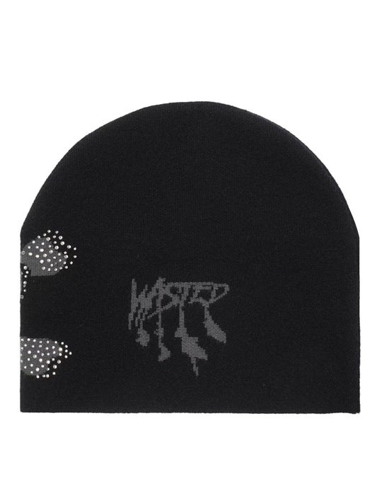 Wasted Rhinestone Skull Jacquard Beanie - black back logo