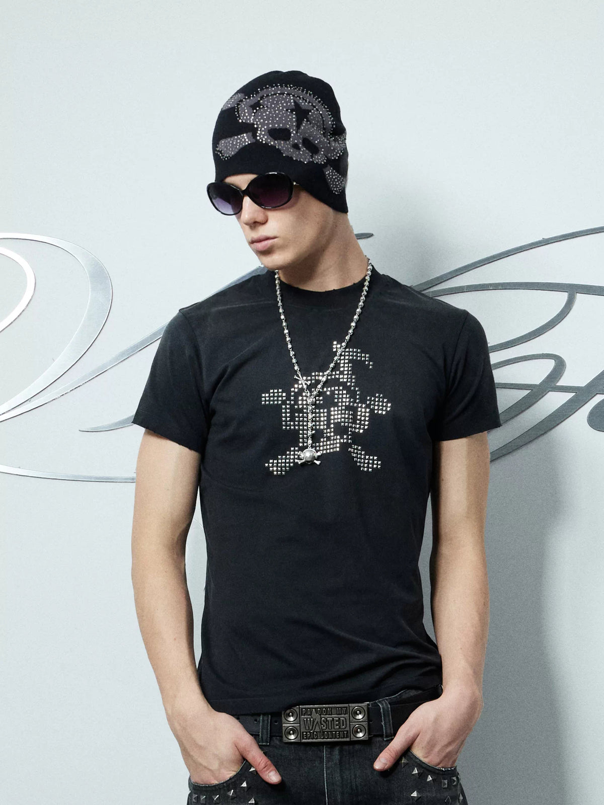 Wasted Rhinestone Skull Jacquard Beanie - on model front