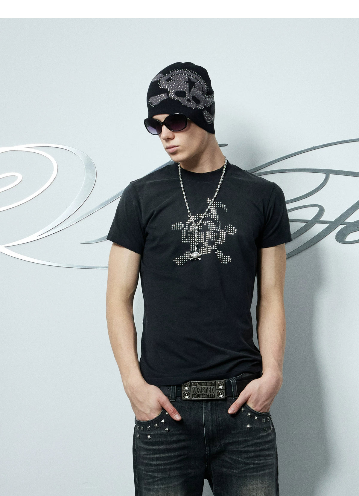Wasted Rhinestone Skull Jacquard Beanie - on model mid length