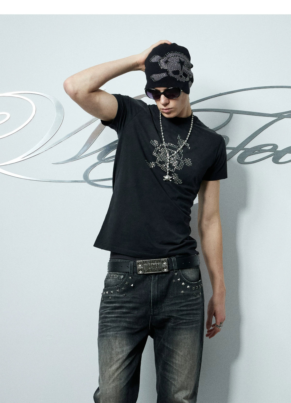 Wasted Rhinestone Skull Jacquard Beanie - on model outfit