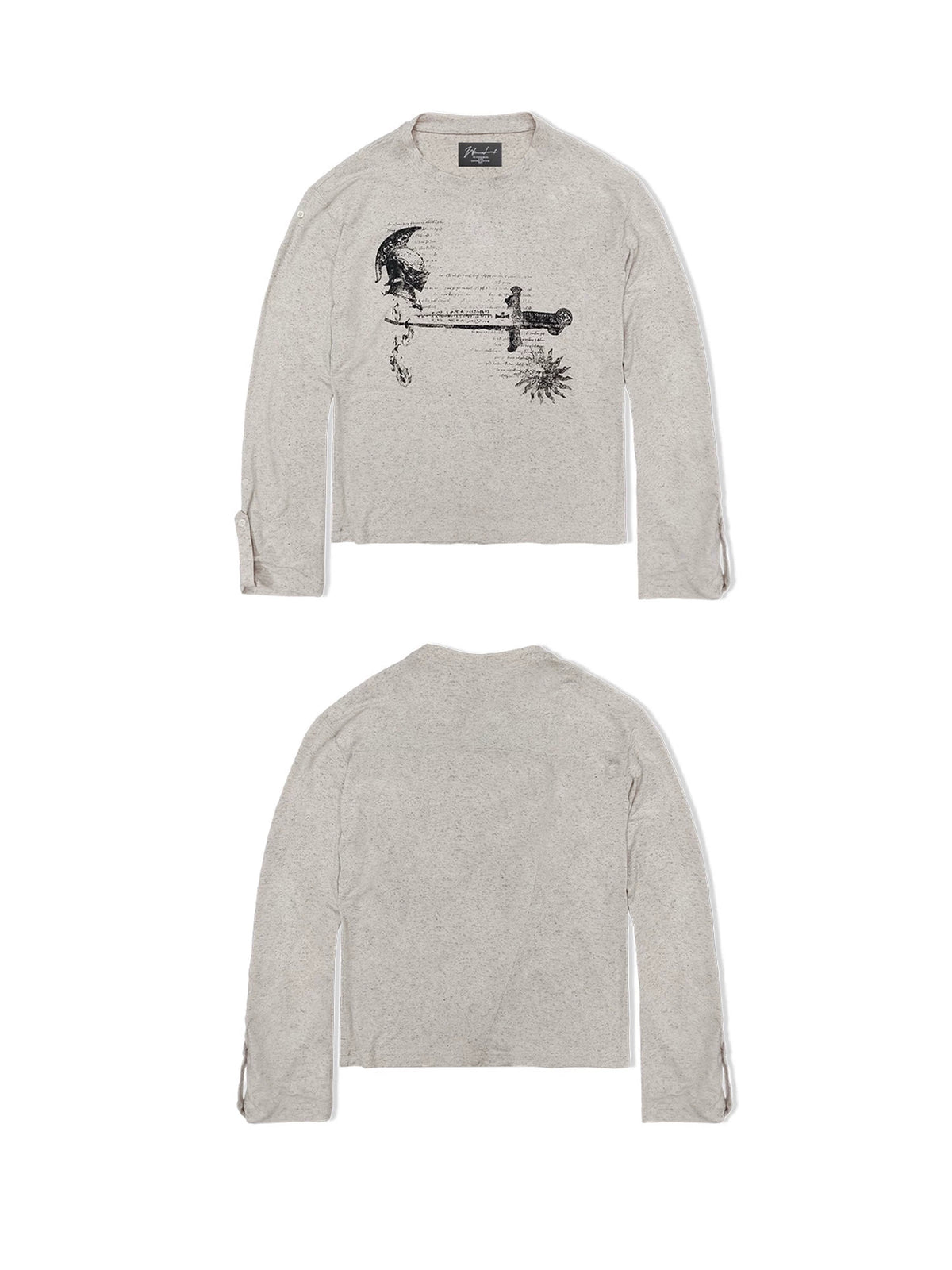 WANNA LAB Odyssey Knight Sword Print Linen Blend Roll-Up Sleeve Tee - Apricot front and back
