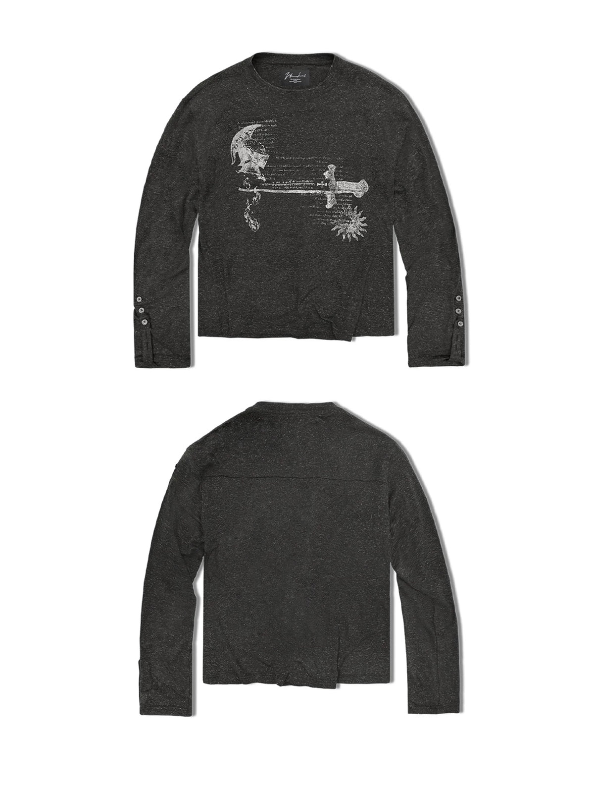 WANNA LAB Odyssey Knight Sword Print Linen Blend Roll-Up Sleeve Tee - Black front and back