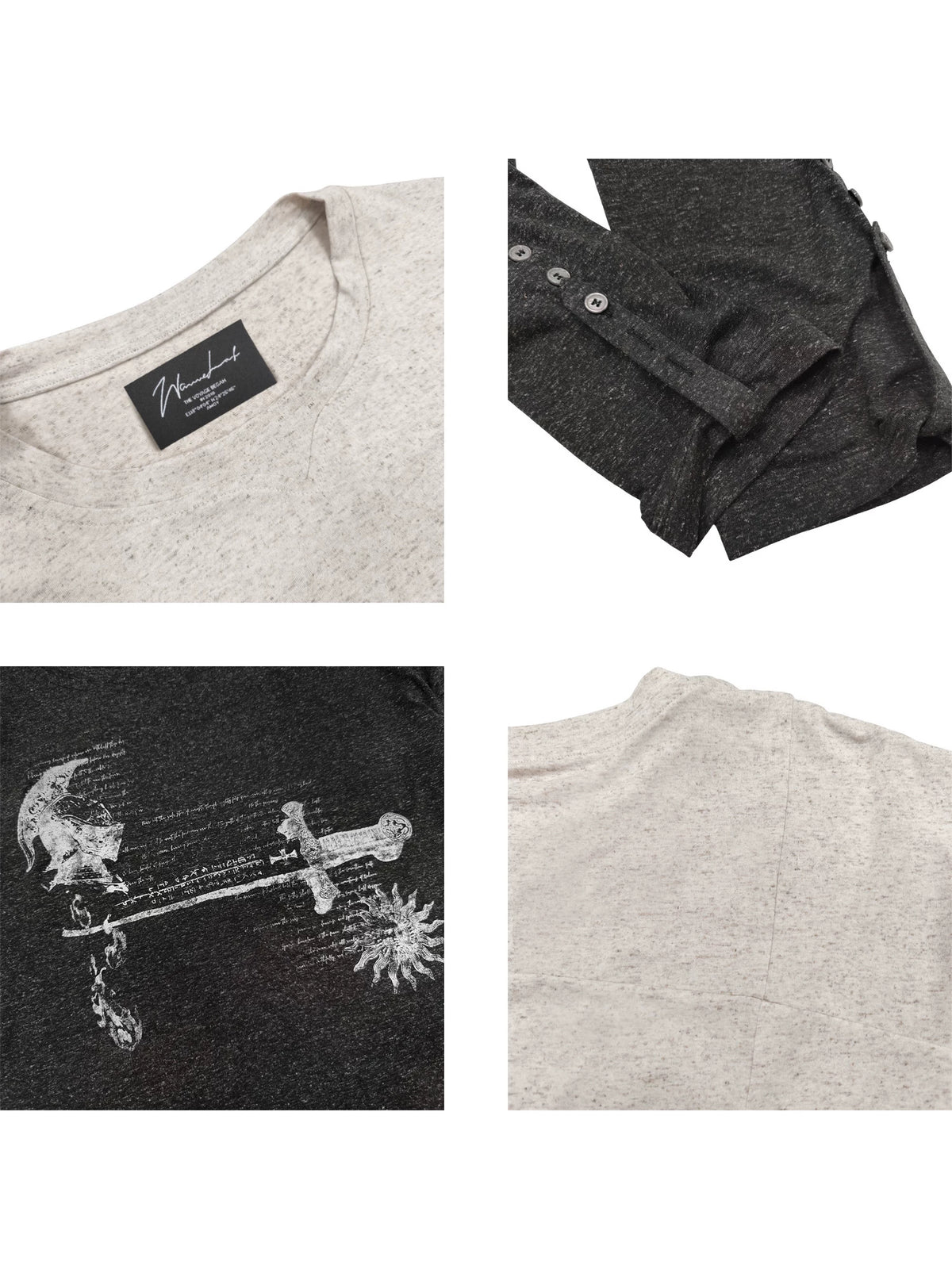 WANNA LAB Odyssey Knight Sword Print Linen Blend Roll-Up Sleeve Tee - Detail close-ups - neckline, roll-up sleeve tab, print and shoulder seam