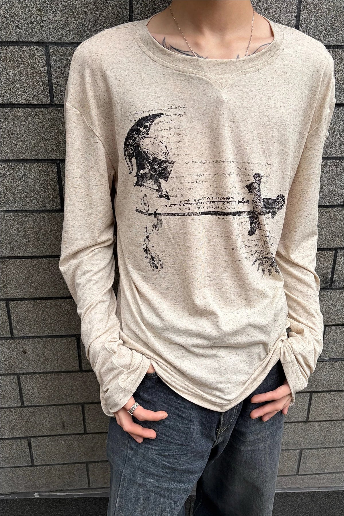WANNA LAB Odyssey Knight Sword Print Linen Blend Roll-Up Sleeve Tee - Apricot front on model