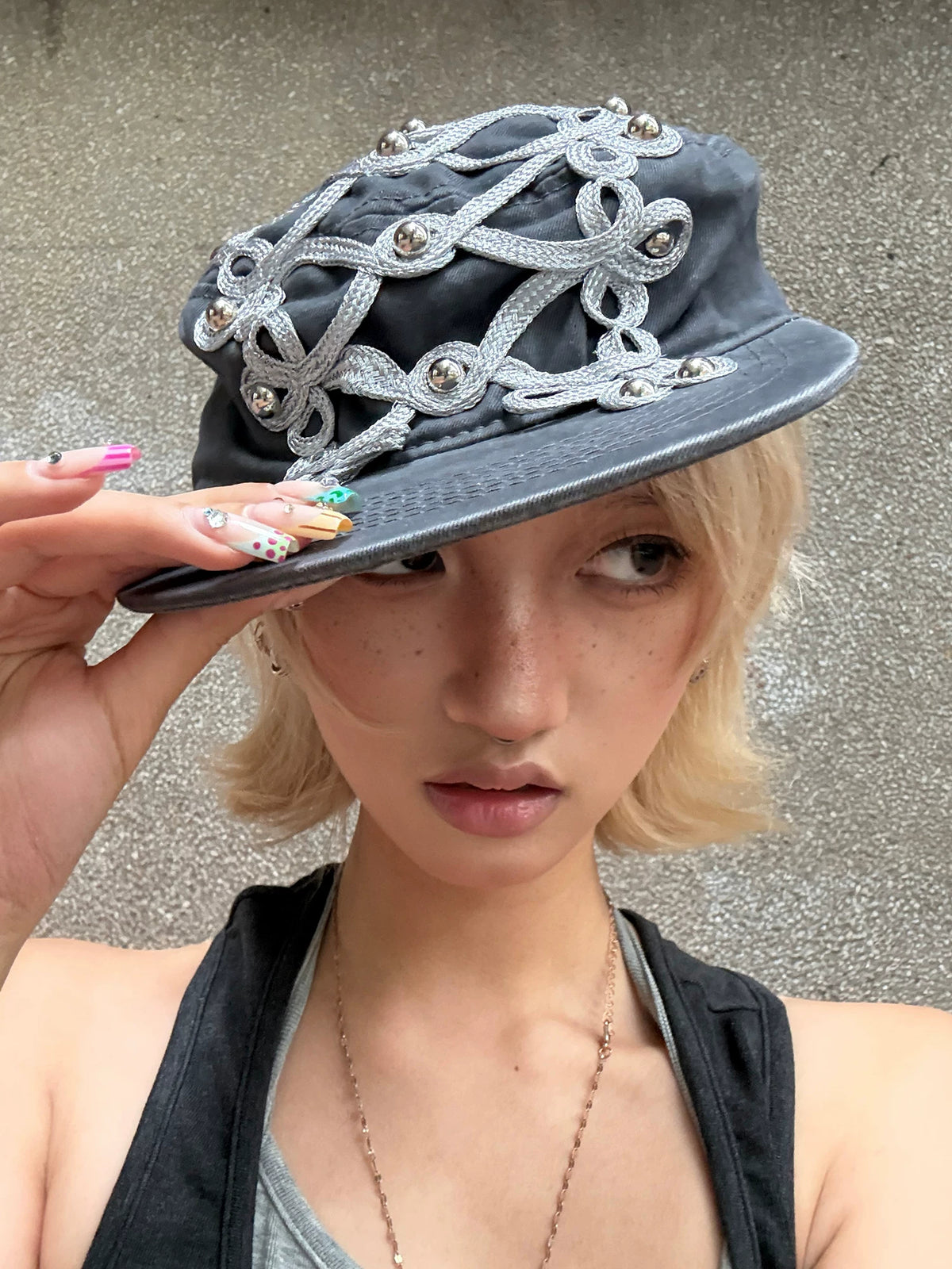 Studded Braided Cord Napoleon Cap - on model close-up