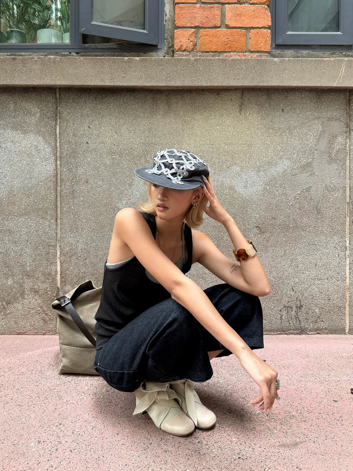 Studded Braided Cord Napoleon Cap - styled look