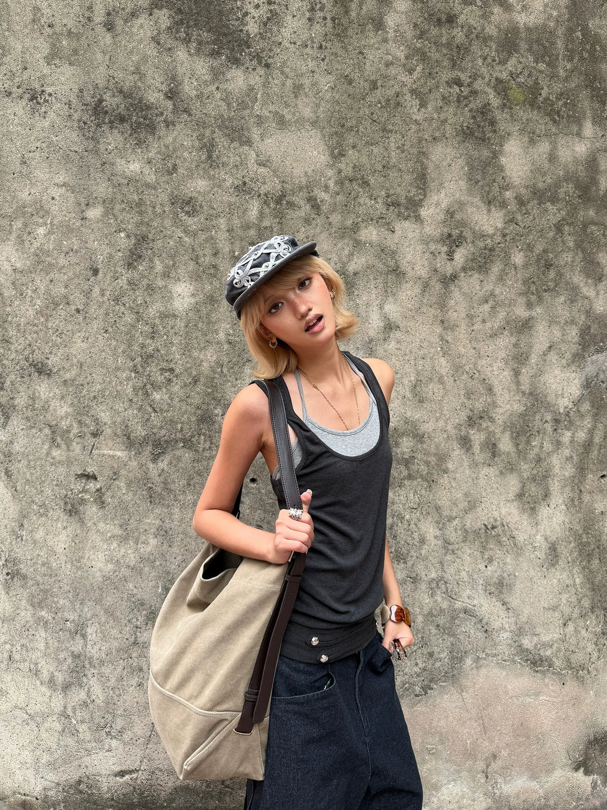 Studded Braided Cord Napoleon Cap - full outfit with bag