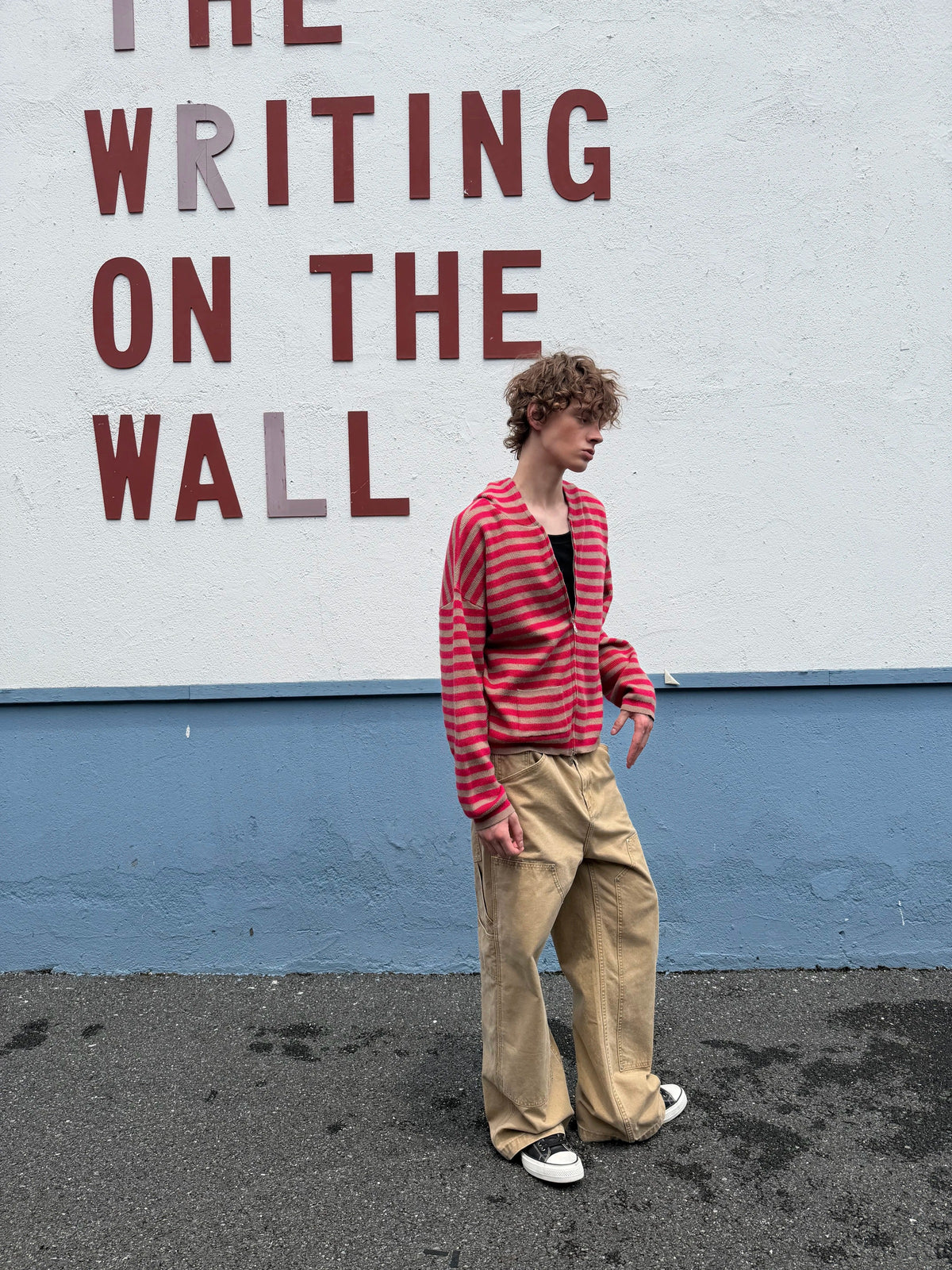 HermitCreate Striped Hooded Zip-Up Knit Cardigan - Red model full look