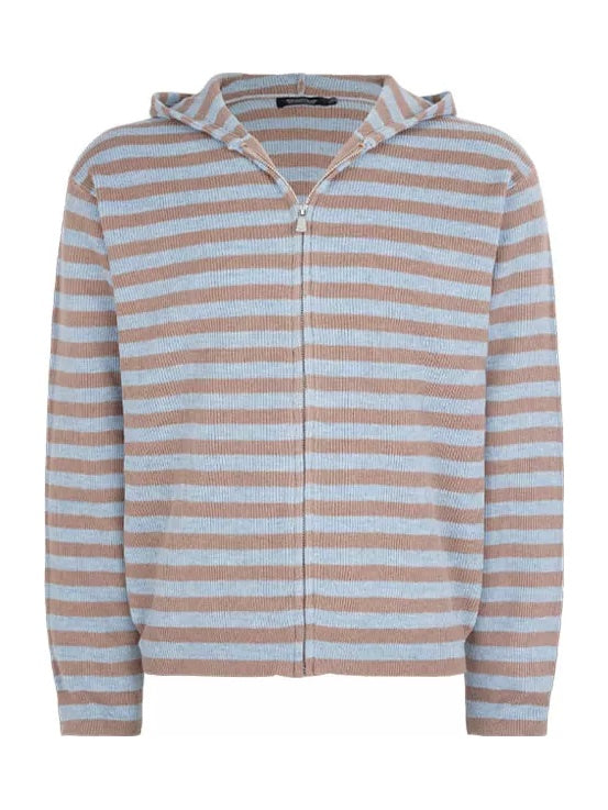 HermitCreate Striped Hooded Zip-Up Knit Cardigan - Blue front flat lay