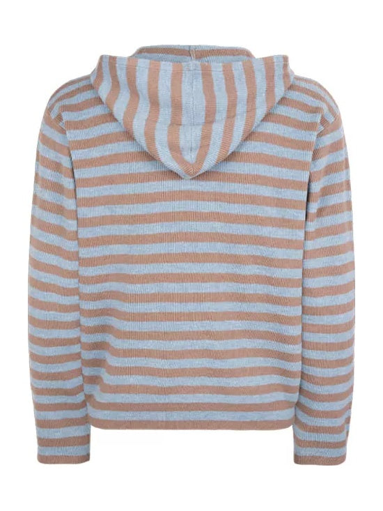 HermitCreate Striped Hooded Zip-Up Knit Cardigan - Blue back flat lay