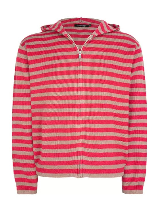 HermitCreate Striped Hooded Zip-Up Knit Cardigan - Red front flat lay