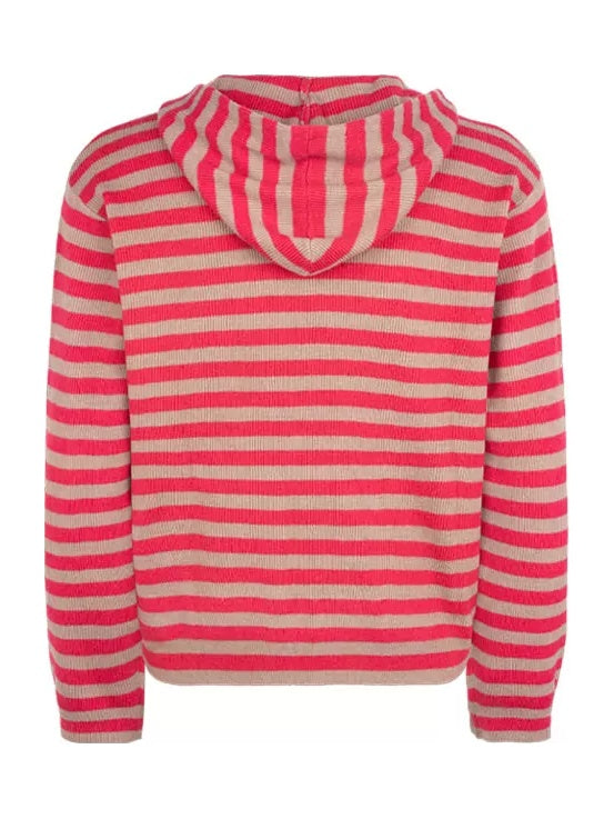 HermitCreate Striped Hooded Zip-Up Knit Cardigan - Red back flat lay