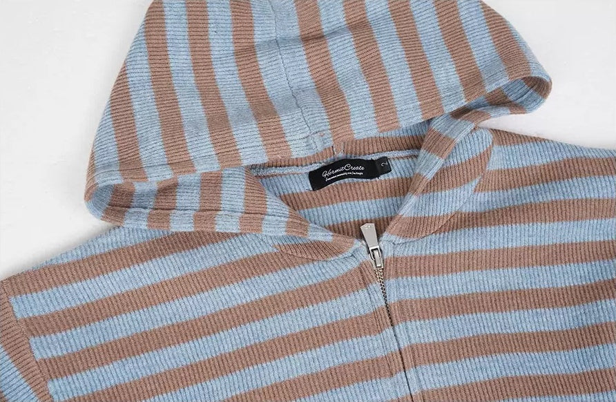 HermitCreate Striped Hooded Zip-Up Knit Cardigan - Blue hood and zipper detail