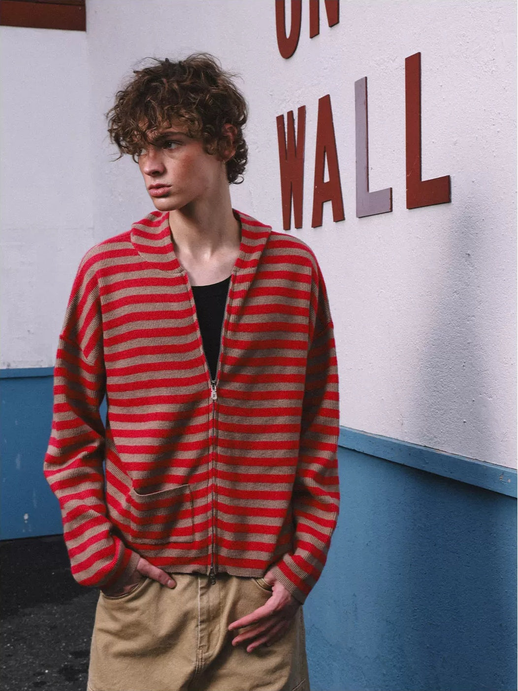 HermitCreate Striped Hooded Zip-Up Knit Cardigan - Red front on model