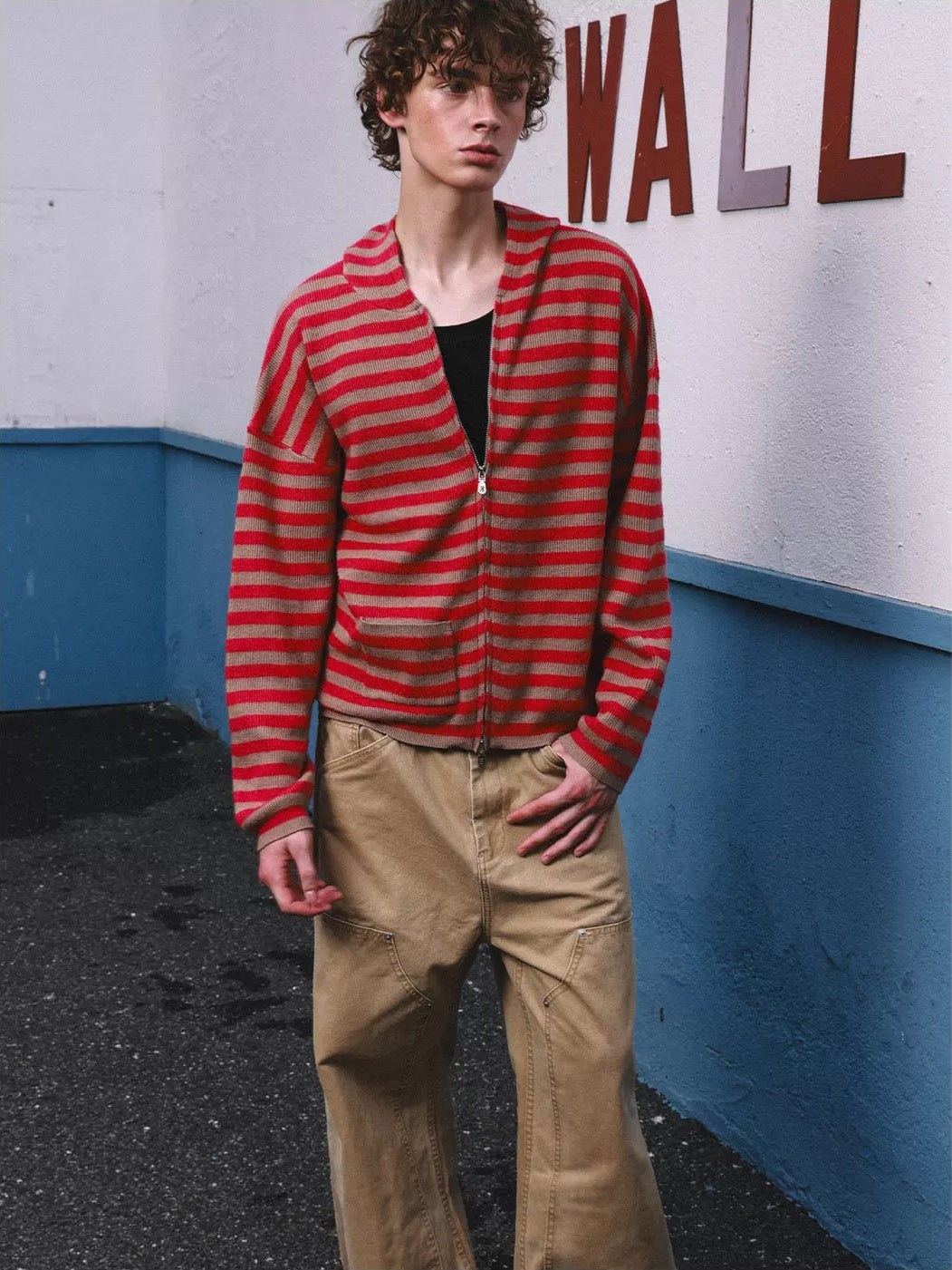 HermitCreate Striped Hooded Zip-Up Knit Cardigan - Red styled with wide pants