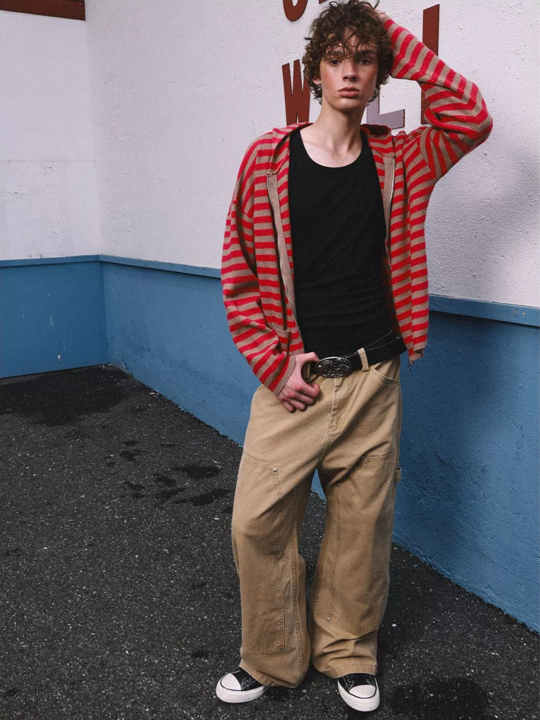HermitCreate Striped Hooded Zip-Up Knit Cardigan - Red open front on model