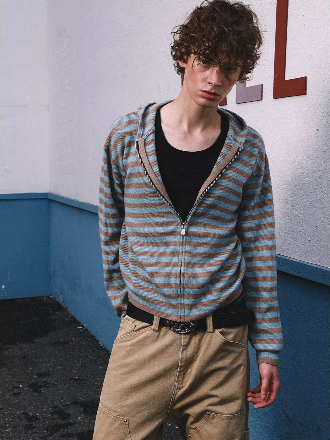 HermitCreate Striped Hooded Zip-Up Knit Cardigan - Blue front on model
