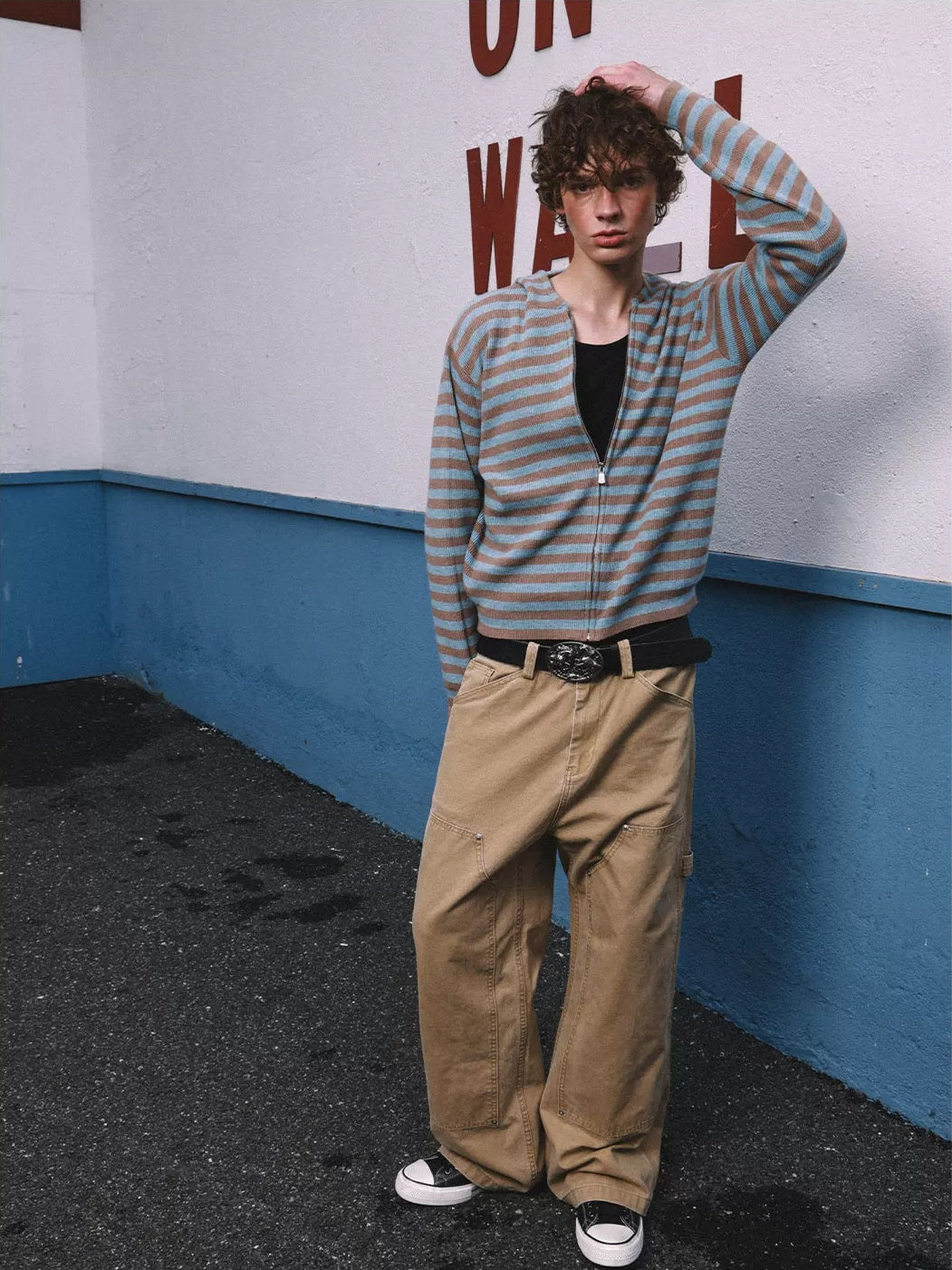 HermitCreate Striped Hooded Zip-Up Knit Cardigan - Blue full look